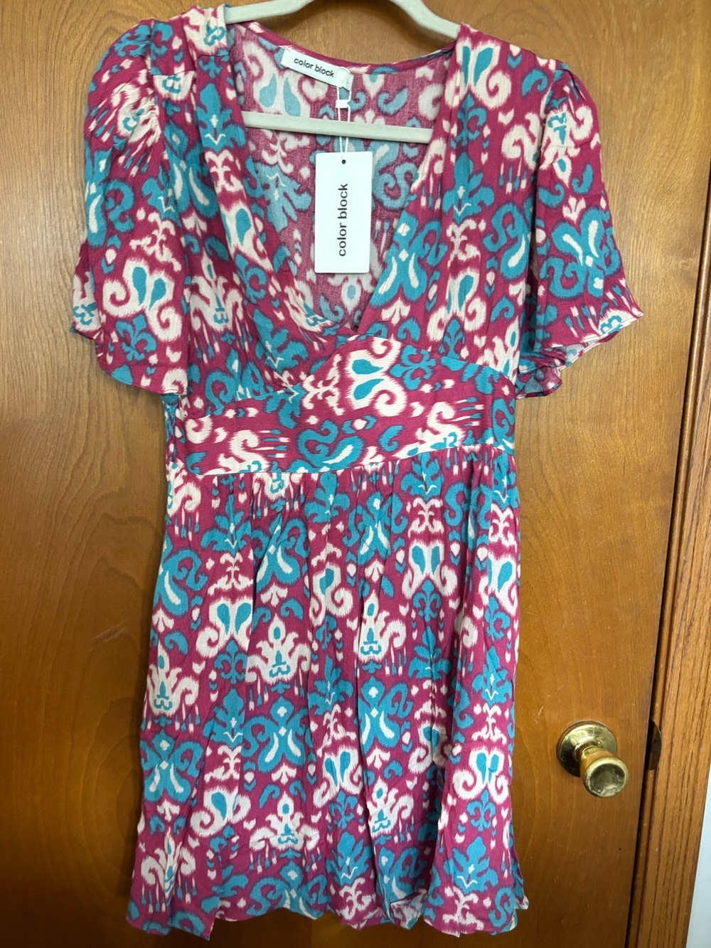 Color Block Women's V-Neck Pink & Teal Midi Dress